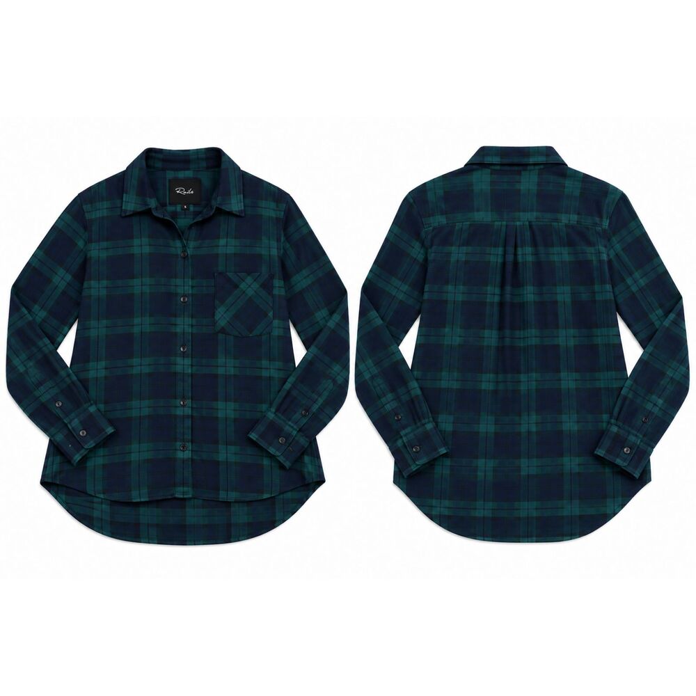 Rails Hunter Womens Small Navy Green Plaid Shirt Rayon Button Down Boyfriend